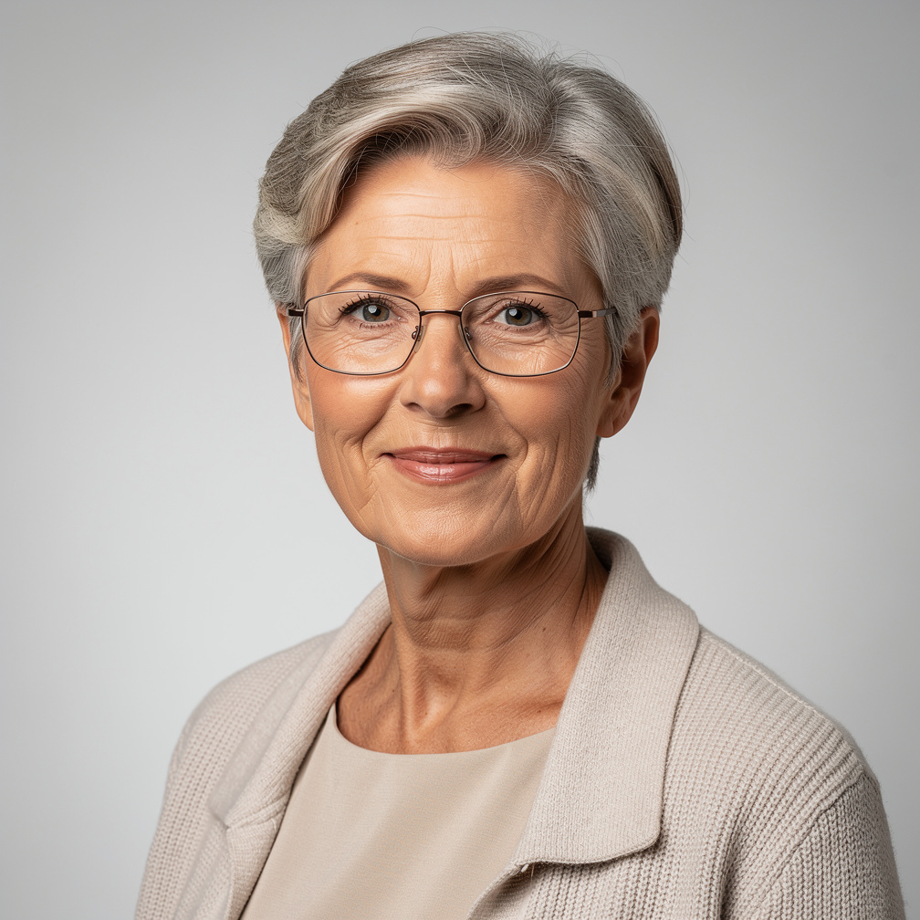 Studioporträt einer älteren Frau mit grauen Haaren