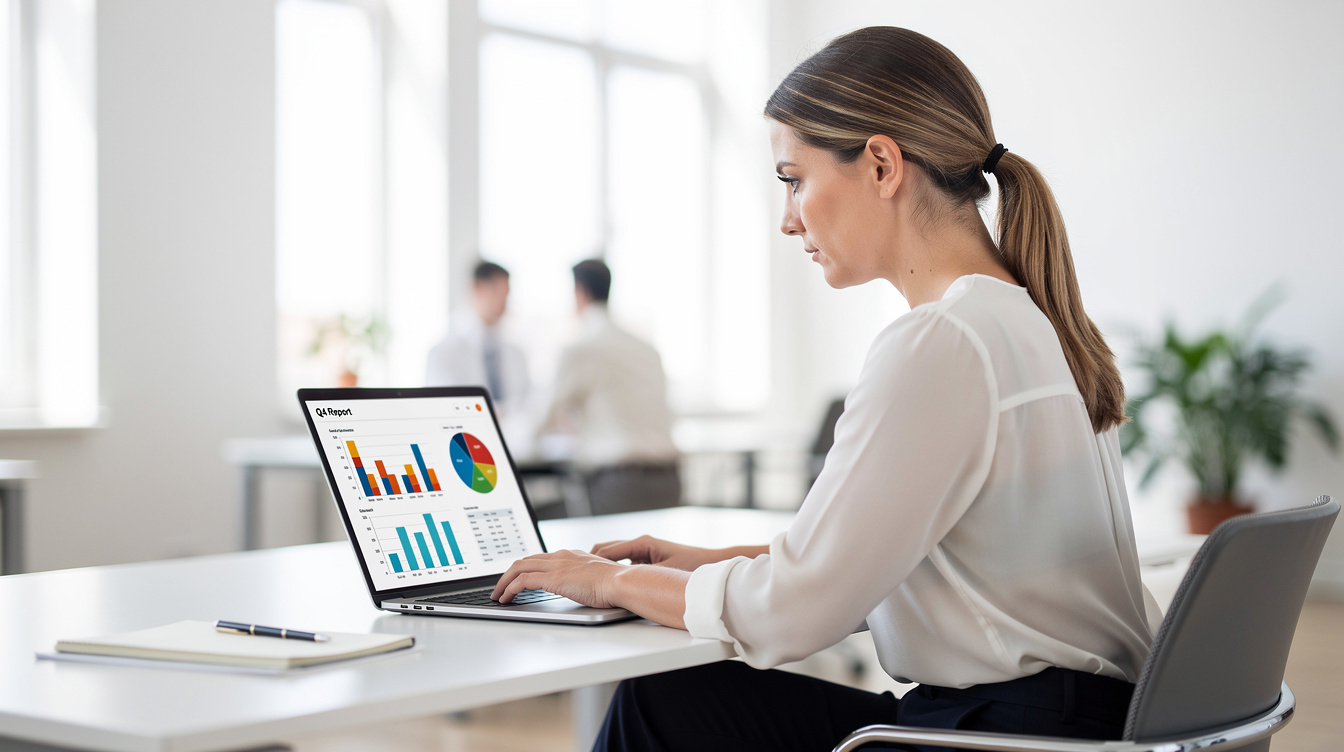 Analystin betrachtet statistische Diagramme auf einem Laptop